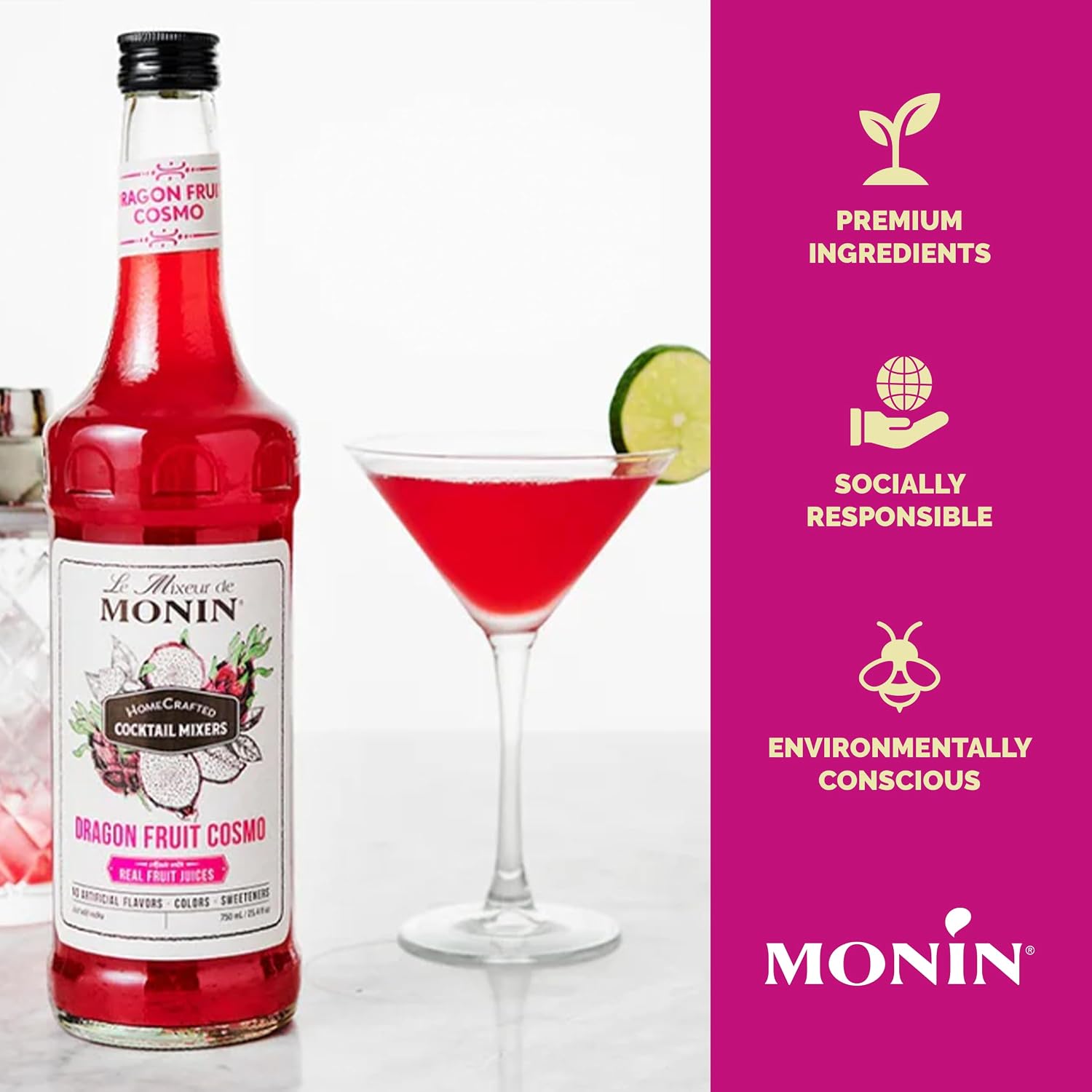Monin - HomeCrafted Dragon Fruit Cosmo Cocktail Mix, Ready-to-Use Drink Mixer, Strawberry & Pear Blend, Made with Natural Flavors & Real Fruit Juice