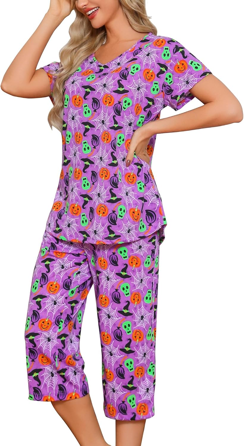 ENJOYNIGHT Womens Pajama Set Cotton Summer Pj Top with Capri Pant Sleepwear