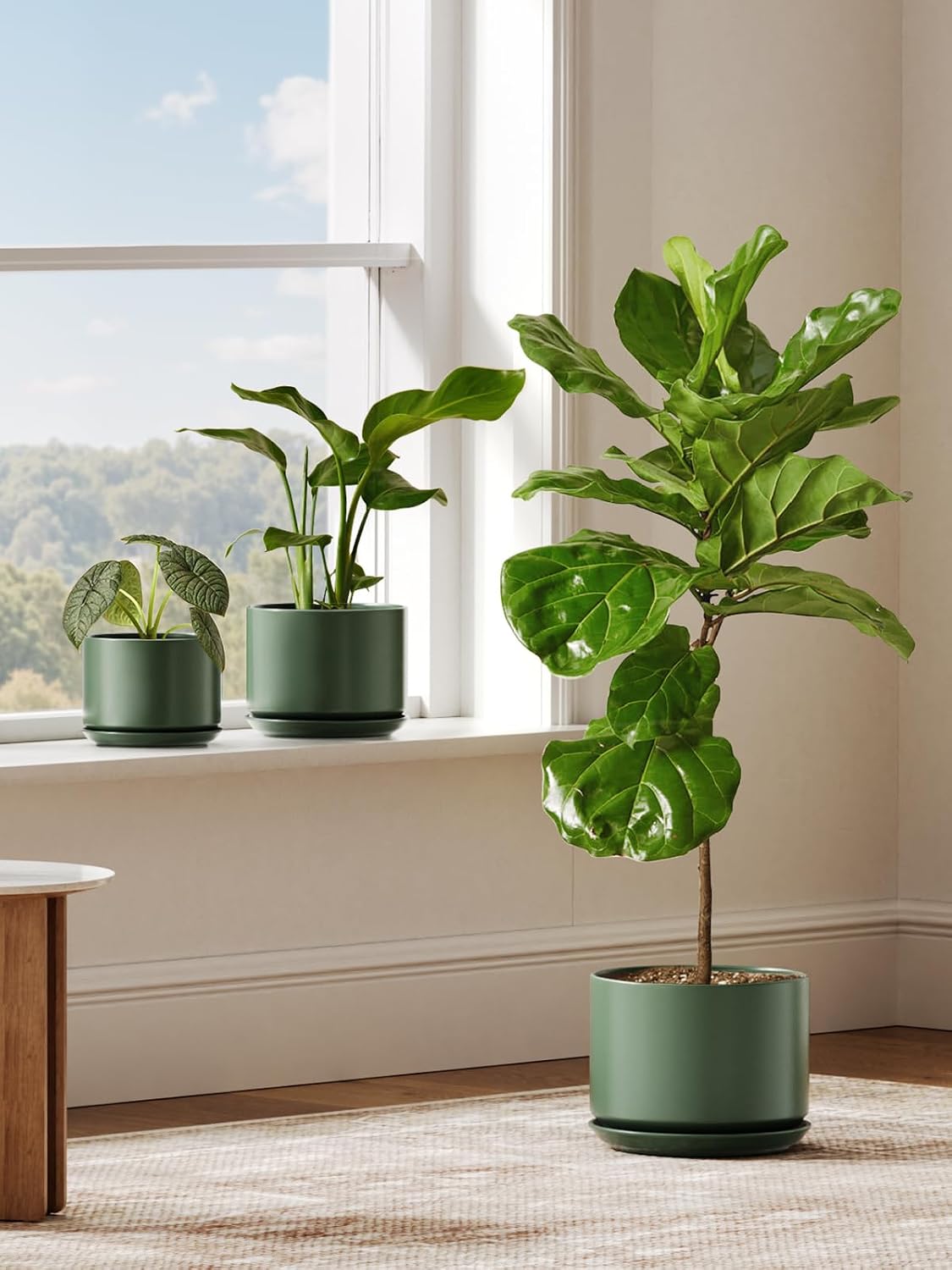 LE TAUCI Ceramic Plant Pots, 4.3+5.3+6.8 inch, Set of 3, Planters with Drainage Hole and Saucer, Indoor Flower Pot with Hole Mesh Pad, Gifts for Mom