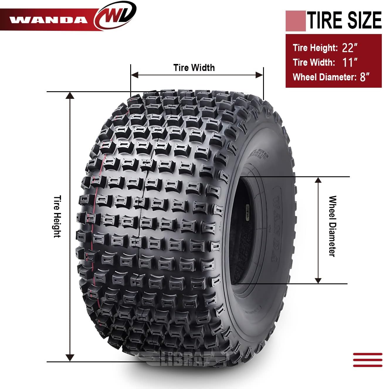 WANDA 2 New ATV Tires 22X11-8 4PR P322 Dimple Knobby - 10026