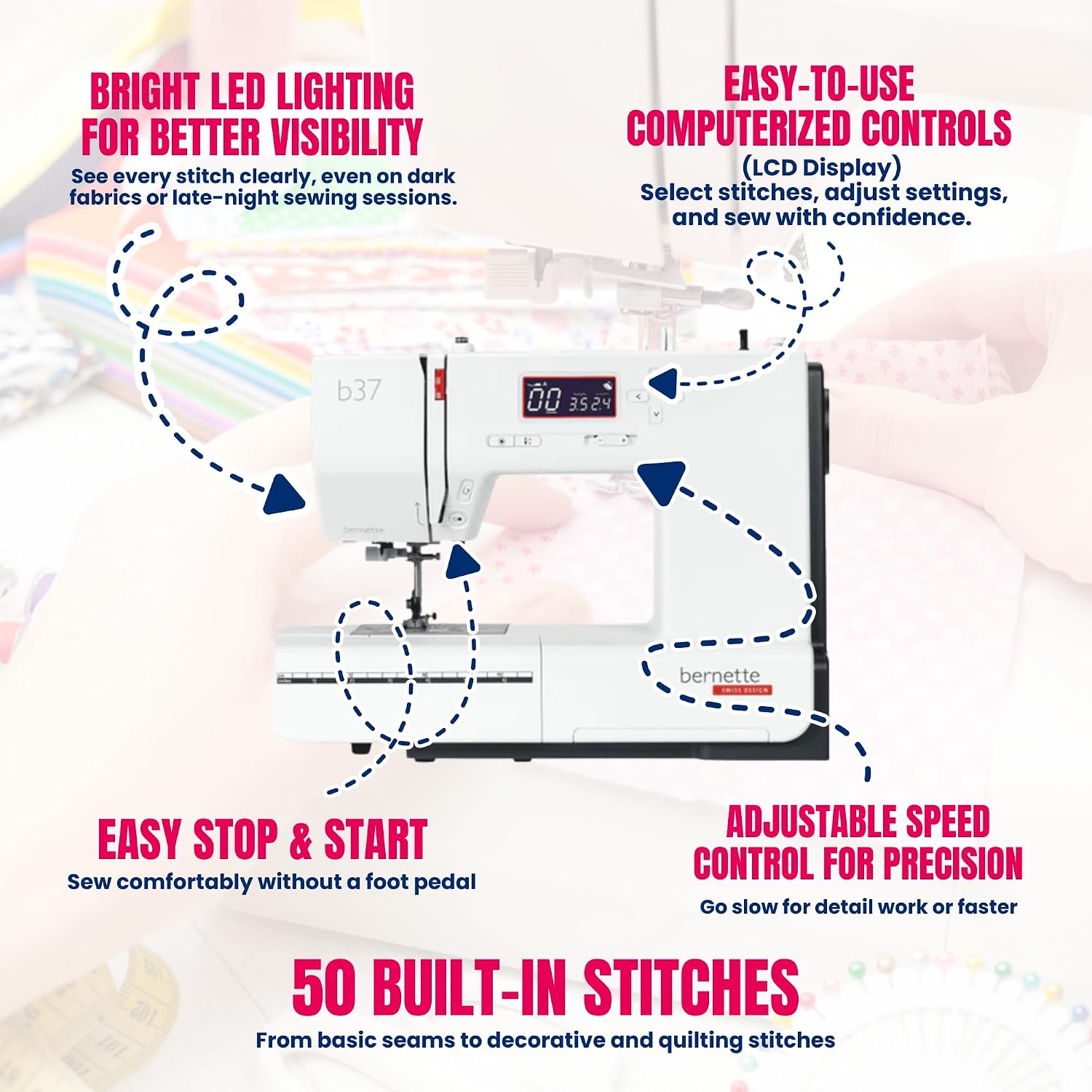 Bernette B37 Computerized Sewing Machine with LCD Display | Advanced Sewing & Quilting | 50 Stitches, One-Step Buttonhole, Automatic Needle Threader