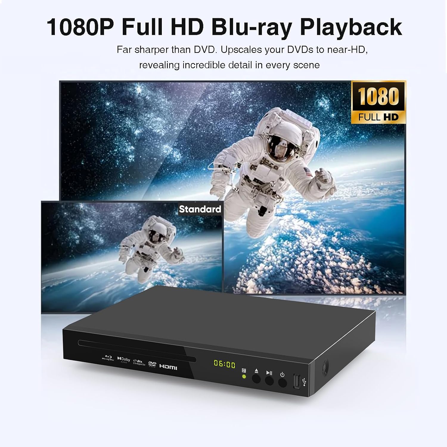 Blu-ray DVD Player Full HD 1080p with Dolby Digital, TrueHD and DTS Audio | DVD Upscaling, Region A Blu-ray & Region 1 DVD Support, 128GB USB Playback