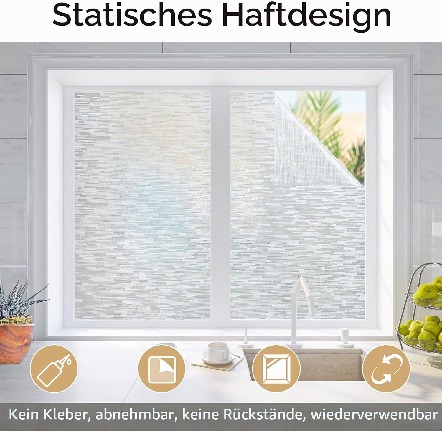 Haton Window Privacy Film, Frosted Stripe Non-Adhesive, 17.5" x 78.7"