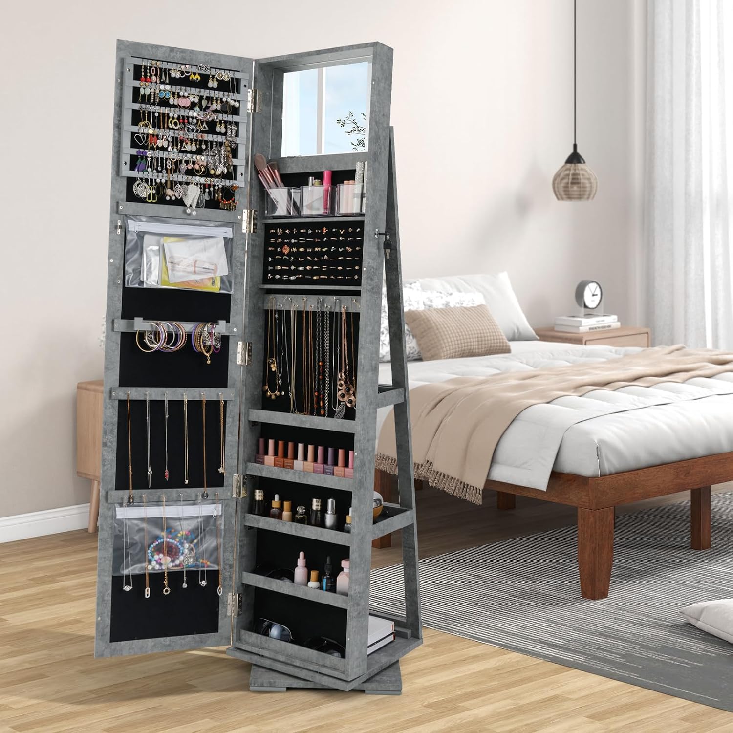 CHARMAID 360° Swivel Jewelry Armoire with Higher Full Length Mirror, Standing Lockable Jewelry Cabinet Organizer with Large Storage Capacity