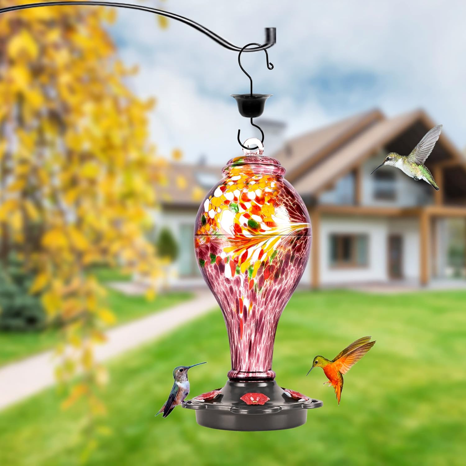 LUJII Hummingbird Feeder, Hand Blown Glass Hummingbird Feeder, Never Fade, 36 Fluid Ounces, 5 Feeding Metal Stations, Much Bigger, Garden Backyard Decorative, Containing Ant Moat (Blue)