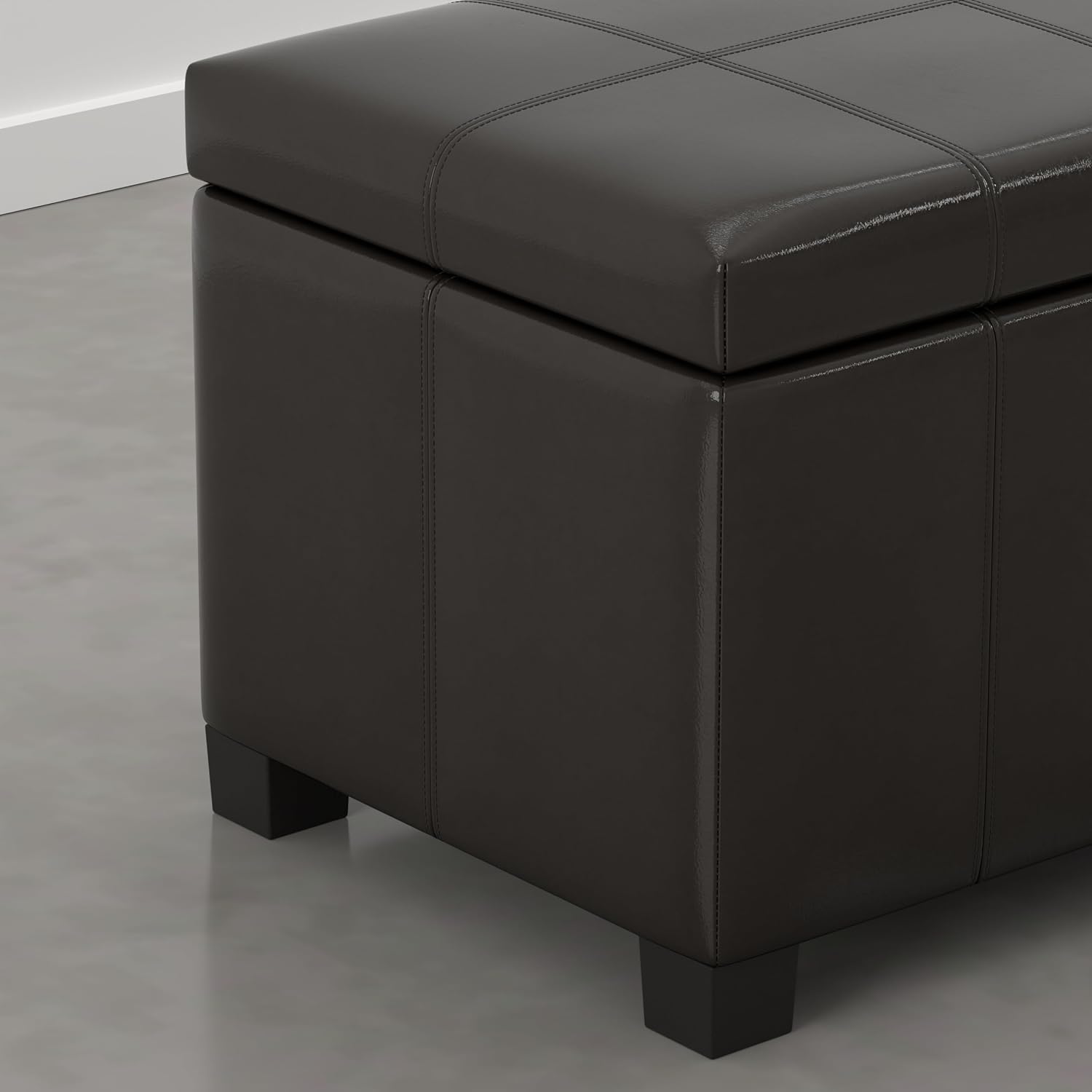 SIMPLIHOME Dover 36" Wide Vegan Leather Storage Ottoman in Midnight Black | Distressed umber brown, contemporary ottoman with lift-top and safety hinges; rectangle storage bench for living room.