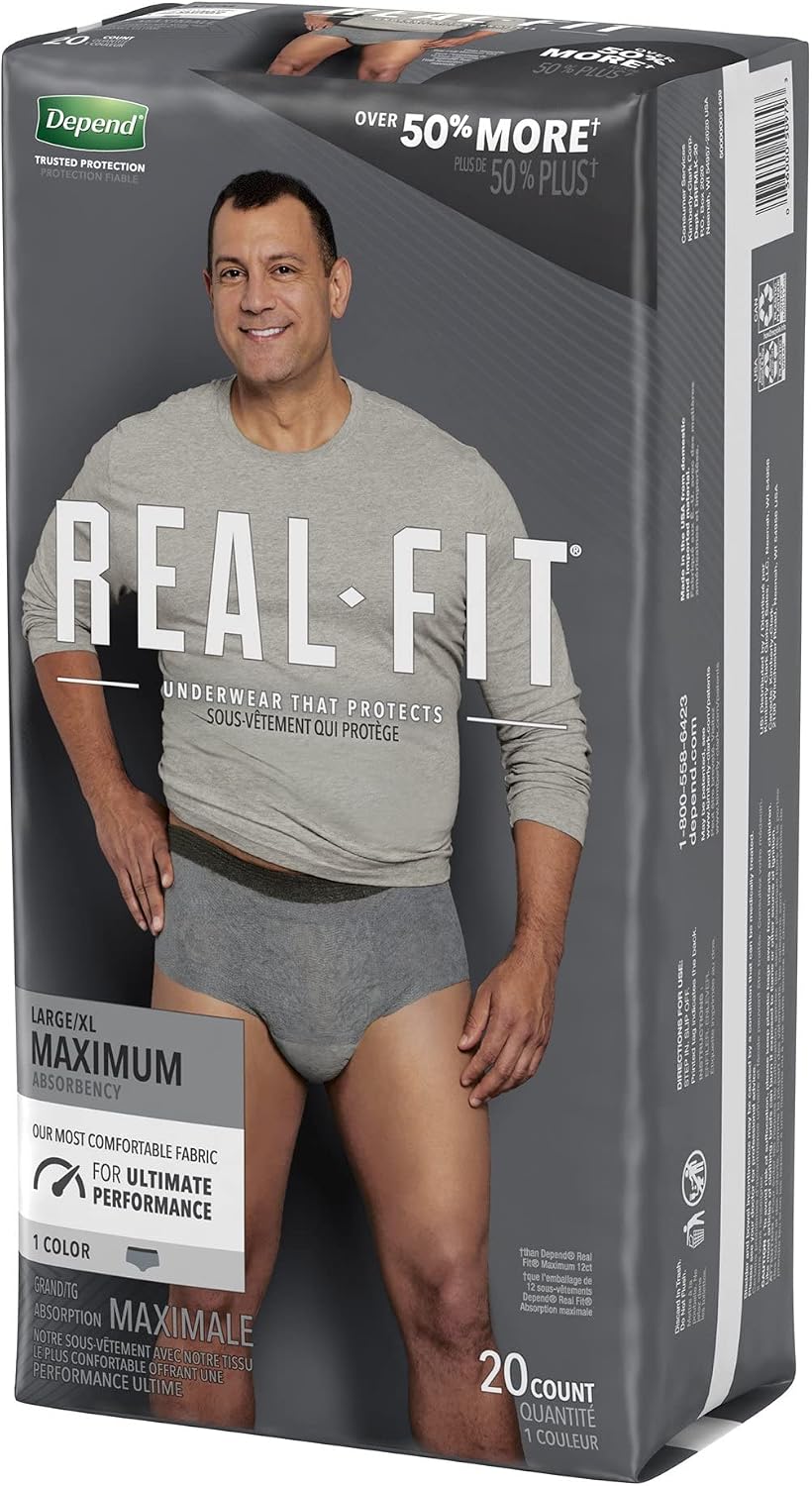 Depend Real Fit Adult Diapers, Incontinence Underwear for Men, Disposable, Maximum Absorbency, Small/Medium, Grey, 56 Count (2 Packs of 28), Packaging May Vary