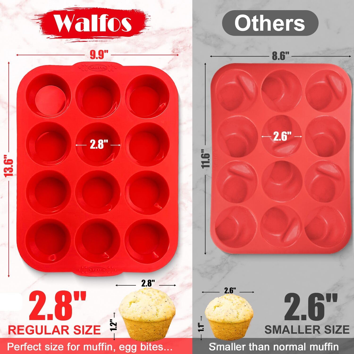 Walfos Silicone Texas Muffin Pan - 6 Cup Jumbo Silicone Cupcake Pan, Non-Stick, Just Release! Perfect for Egg Muffin