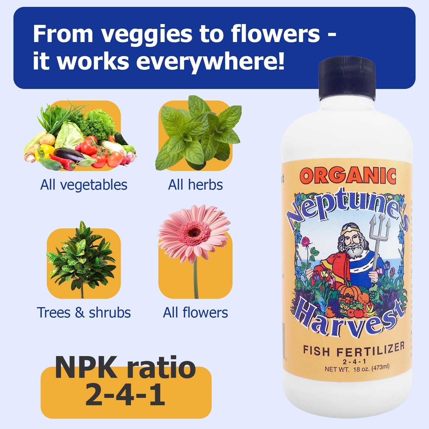 Neptune's Harvest Fish Fertilizer (2-4-1) - Organic Liquid Plant Fertilizer - Fish Hydrolysate for Vegetables, Flowers, Fruit, Trees, Grass - Indoor and Outdoor Plant Food (Gallon)