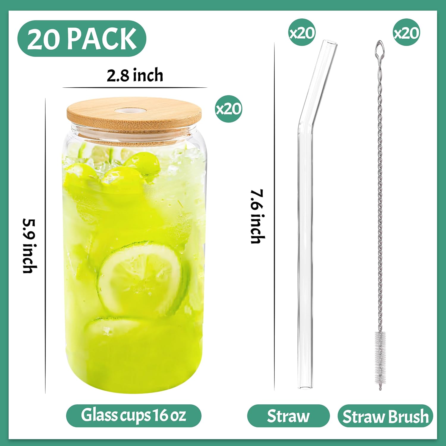 Joyclub 20Pcs Glass Cups with Bamboo Lids and Straws Bulk 16 oz Can Shaped | Clear drinking glasses include 20 cleaning brushes