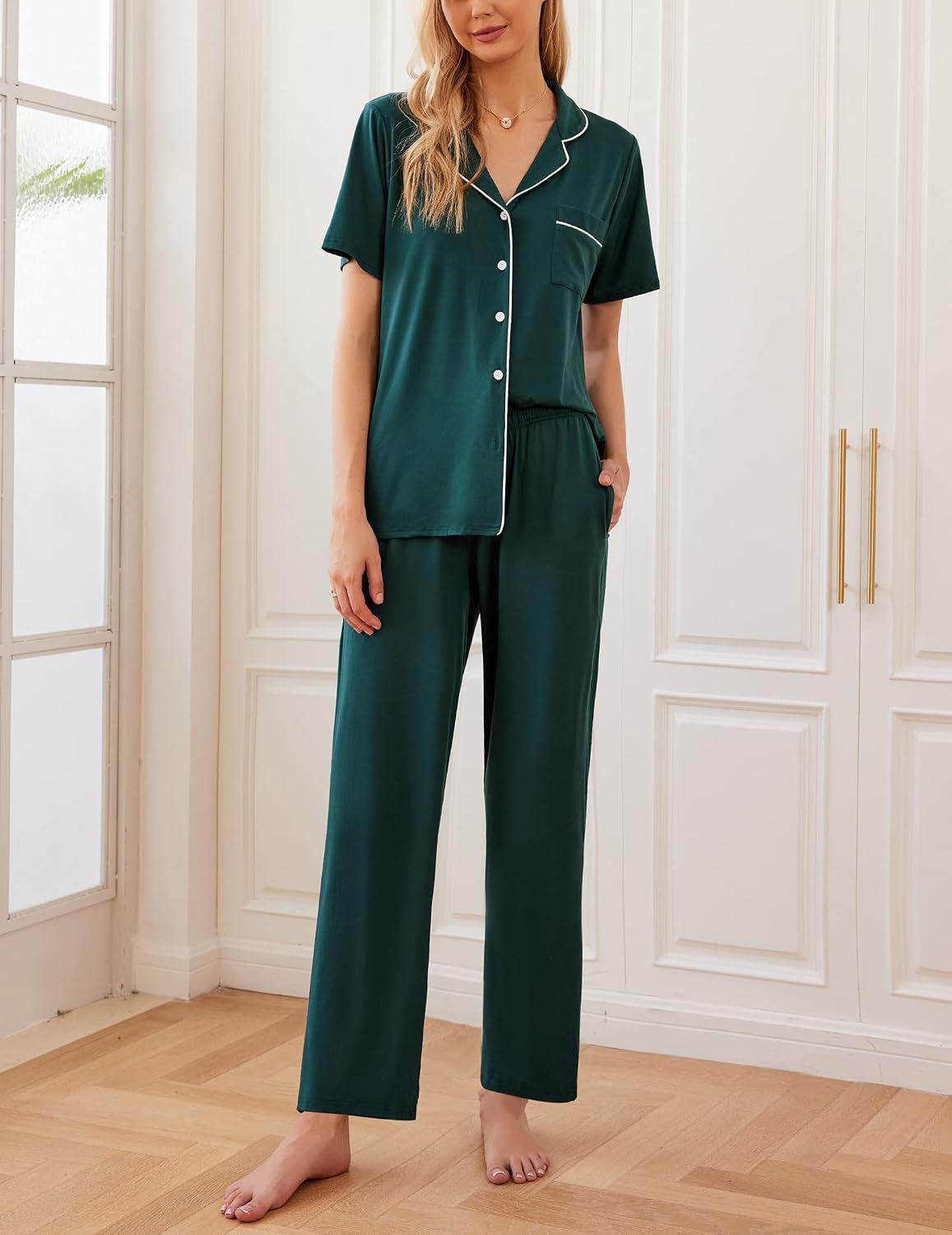 Ekouaer Womens Pajamas Set Short Sleeve Button Down Top & Pants Lounge Pjs