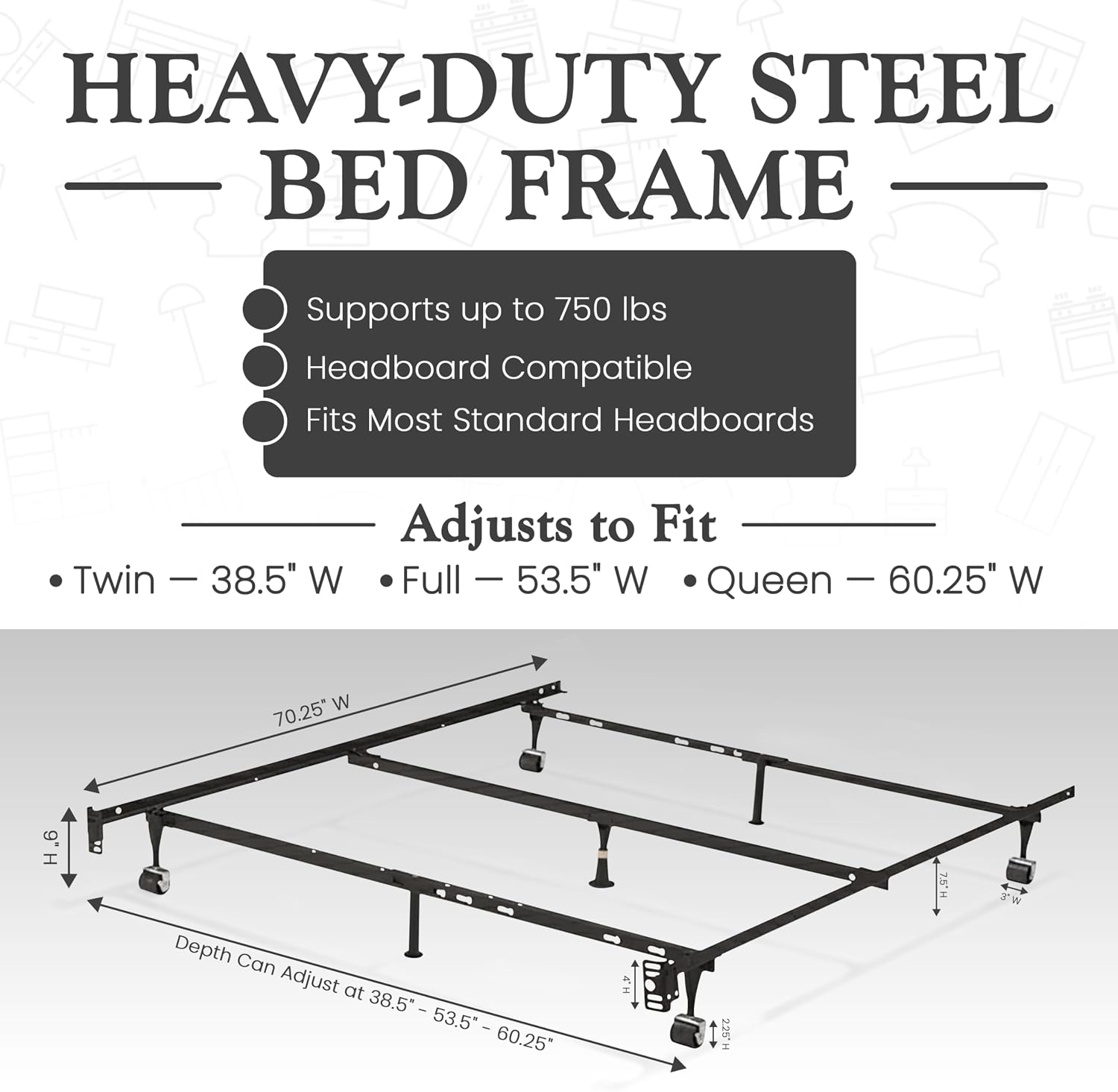 Kings Brand Furniture Queen Metal Bed Frame – Heavy Duty Support for Box Spring & Mattress Foundation with Center Rail, Locking Wheels