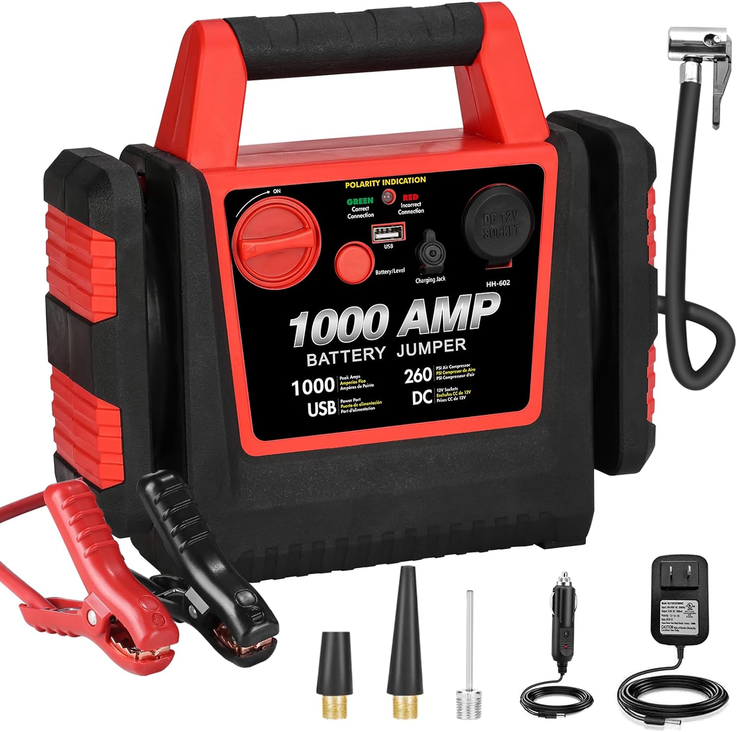 Car Battery Jump Starter-1000Amp 12V Lead-Acid Battery Jump Box with 260PSI Air Compressor, 10000 mAh Portable Power Station