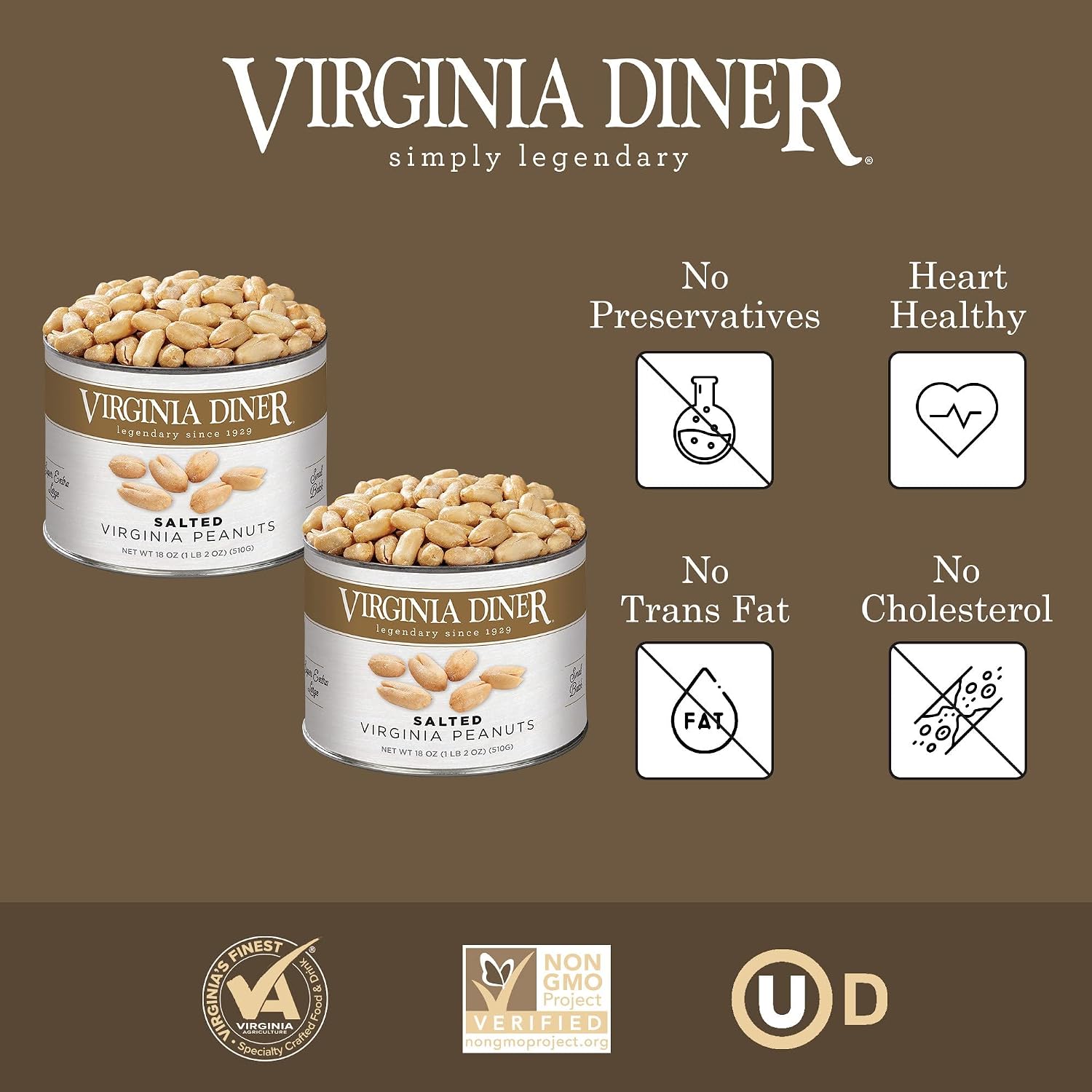 Virginia Diner Salted Virginia Peanuts - XL Gourmet Peanuts Non-GMO, Preservative Free Gifts from Virginia Since 1929-18 Oz Can