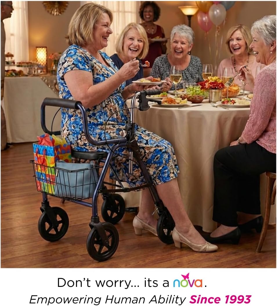 NOVA Mighty Mack Heavy Duty Bariatric Rollator Walker, Rolling Walker with 500 lb. Capacity, Locking Hand Brakes, Padded Seat & Front Basket