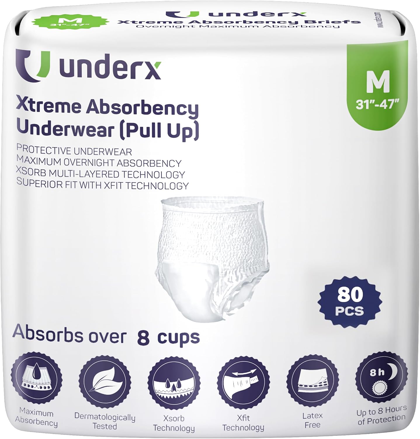 UnderX Adult Disposable Incontinence Underwear – Maximum Absorbency Pull Ups, Overnight Leak Protection, 8 Cup Absorption, Soft Latex-Free