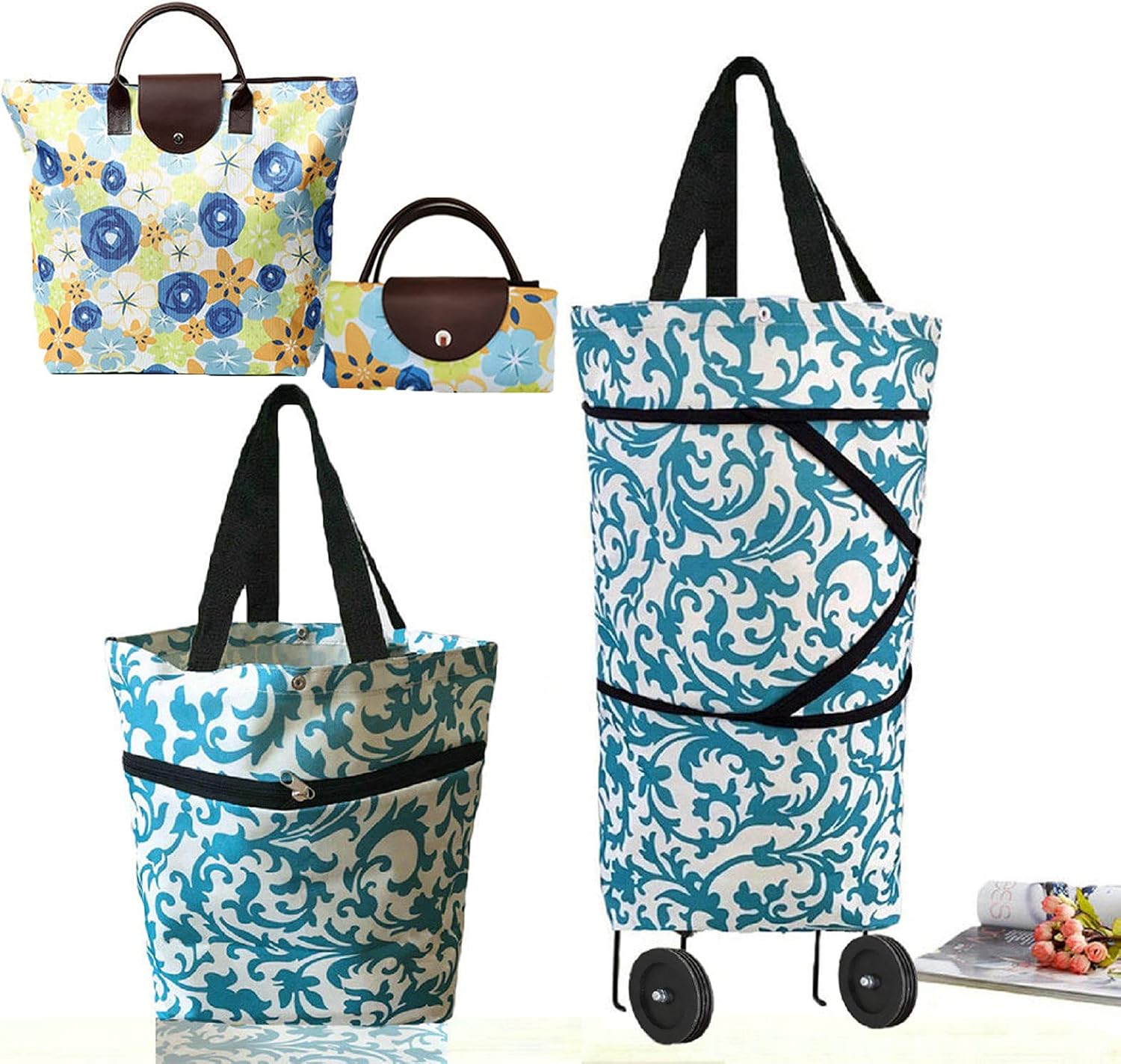 Collapsible Shopping Bag with Wheels Portable Shopping Cart with 360° Swivel Wheels Rolling Tote Bag Reusable Grocery Bag Trolley Bag on Wheels for Travel Shopping and Daily Use(Blue)