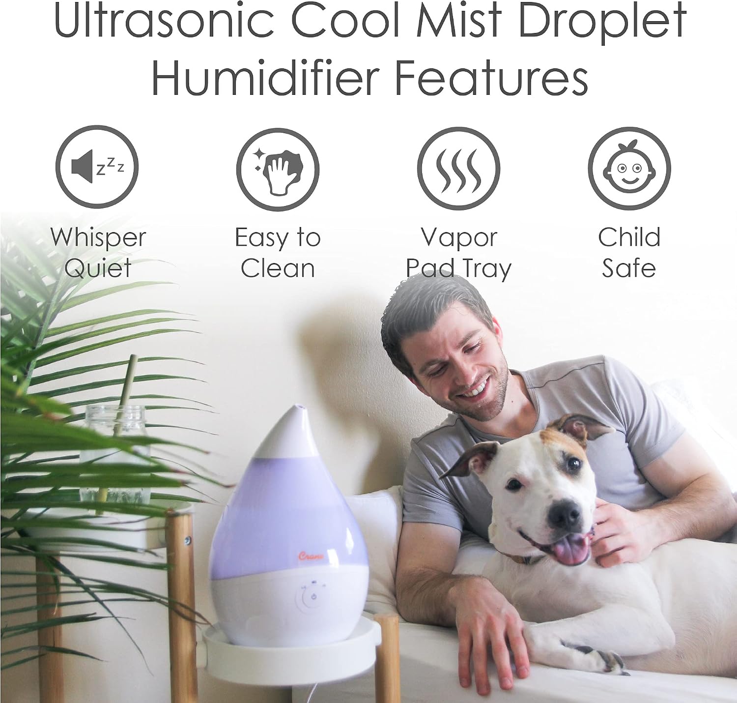Crane Droplet Ultrasonic Small Air Humidifiers for Bedroom and Office, 0.5 Gallon Cool Mist Humidifier for Plants and Home, Humidifier Filters Optional, Blue and White