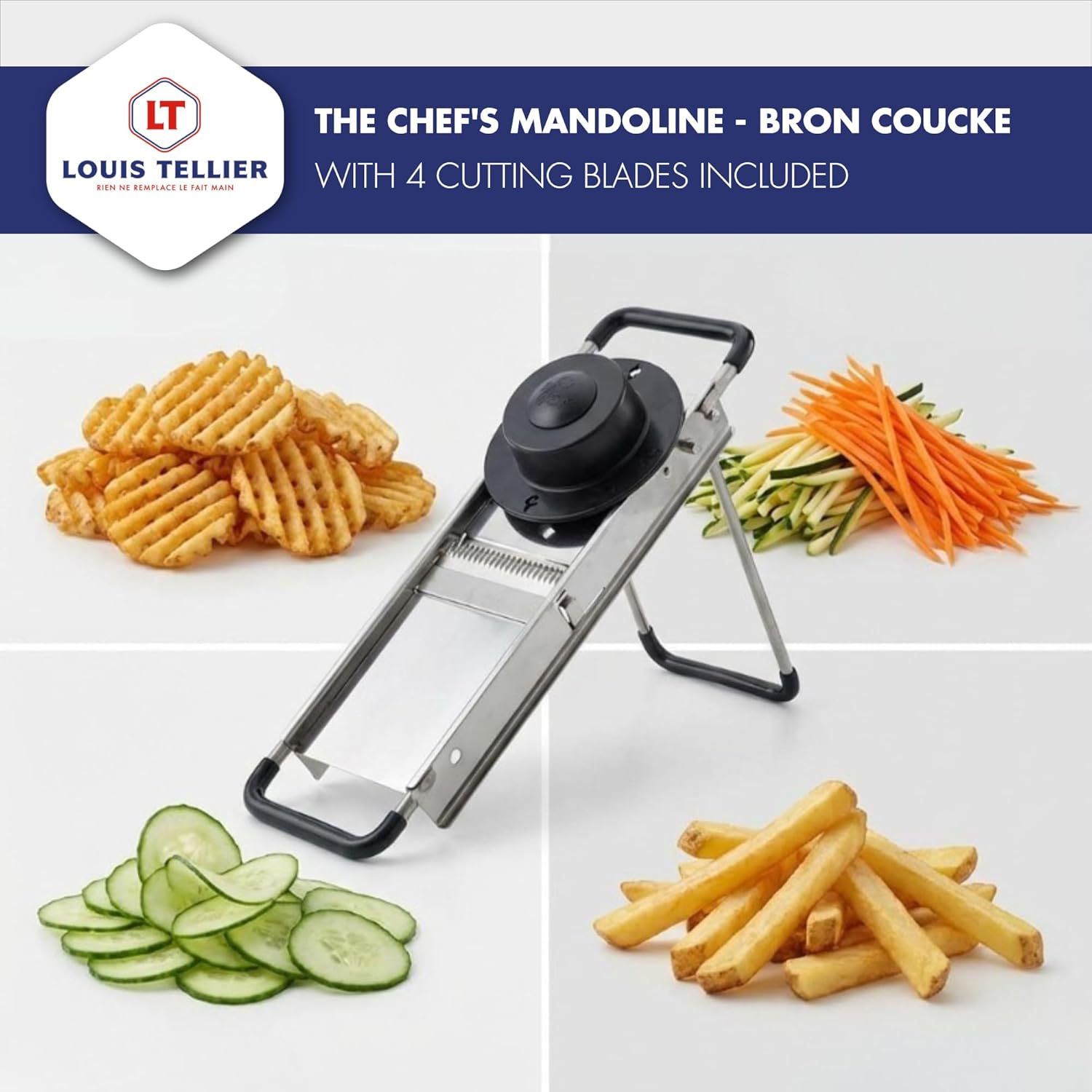 Bron Coucke Professional Mandoline Slicer – Stainless Steel – Julienne, Waffle & French Fry Cutter – Adjustable Thickness