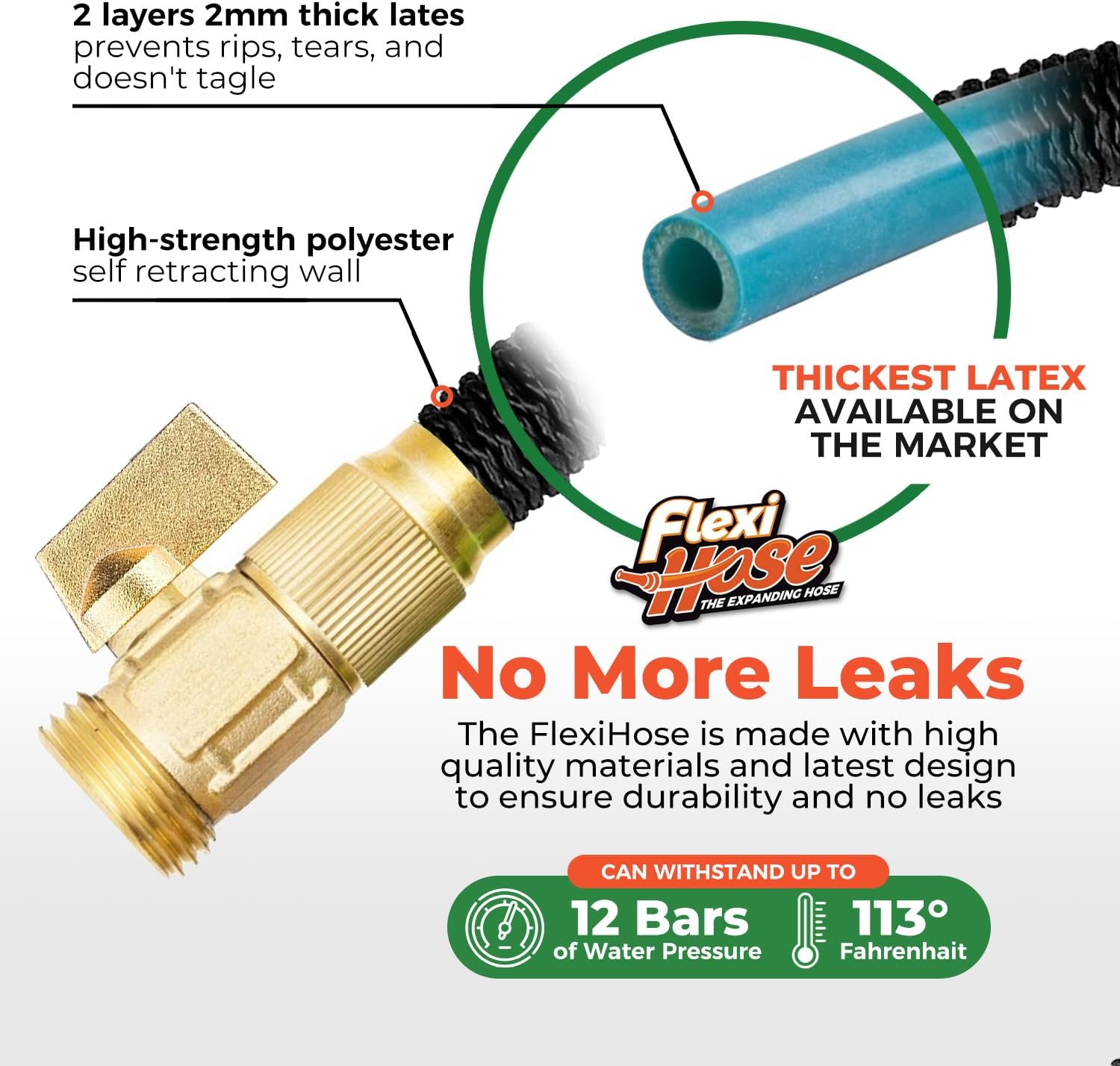 Flexi Hose Lightweight Expandable Garden Hose, 50FT - Retractable Garden Hose, Water Hose - No-Kink Flexibility, 3/4 Inch Solid Brass Fittings and Double Latex Core