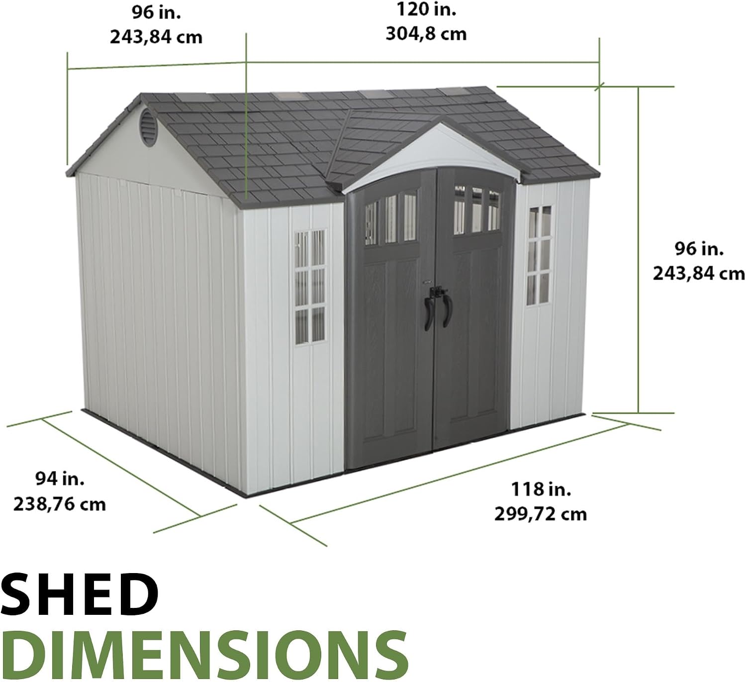 Lifetime 10×8 Ft. Outdoor Storage Shed, Dual‑Wall HDPE with Steel‑Reinforced Structure, Side‑Entry Doors with Windows, Skylight, Screened Vents