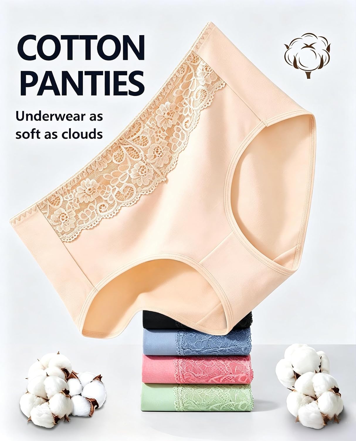 MISSWHO Women's High Waisted Cotton Underwear Soft Breathable Full Coverage Stretch Briefs Ladies Panties 5-Pack