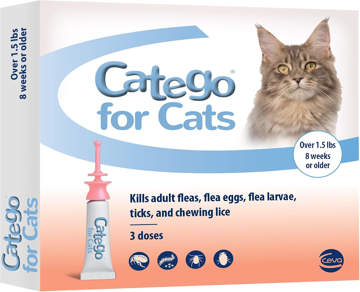 Catego Flea and Tick Prevention for Cats - Over 1.5 lbs, 3 Month Supply | No Prescription Required, Cat Flea Treatment Topical Drops, Fast Acting Flea & Tick Control Drops, Easy to Apply