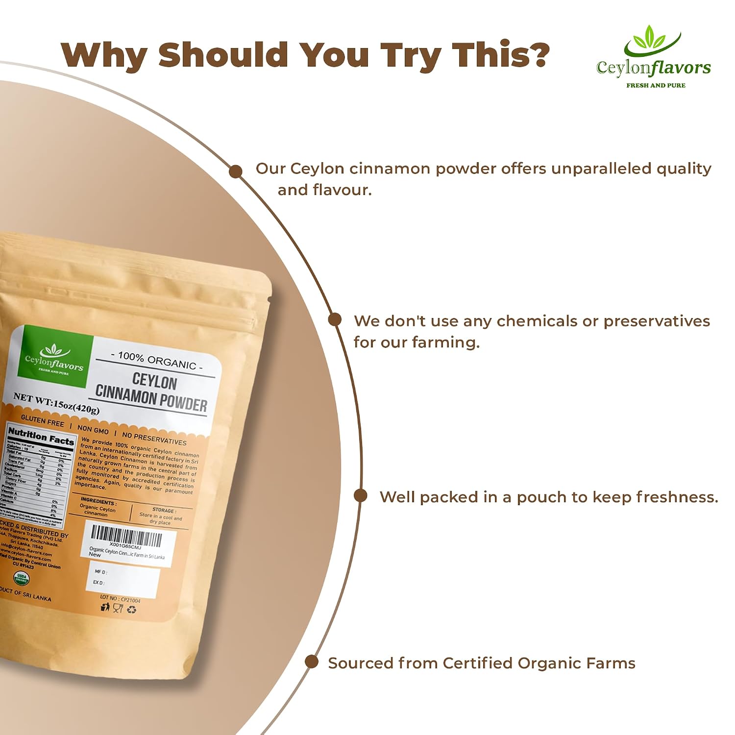 Organic Ceylon Cinnamon Powder, 15 oz, True Cinnamon, Premium Grade, Harvested & Packed from a USDA Certified Organic Farm in Sri Lanka