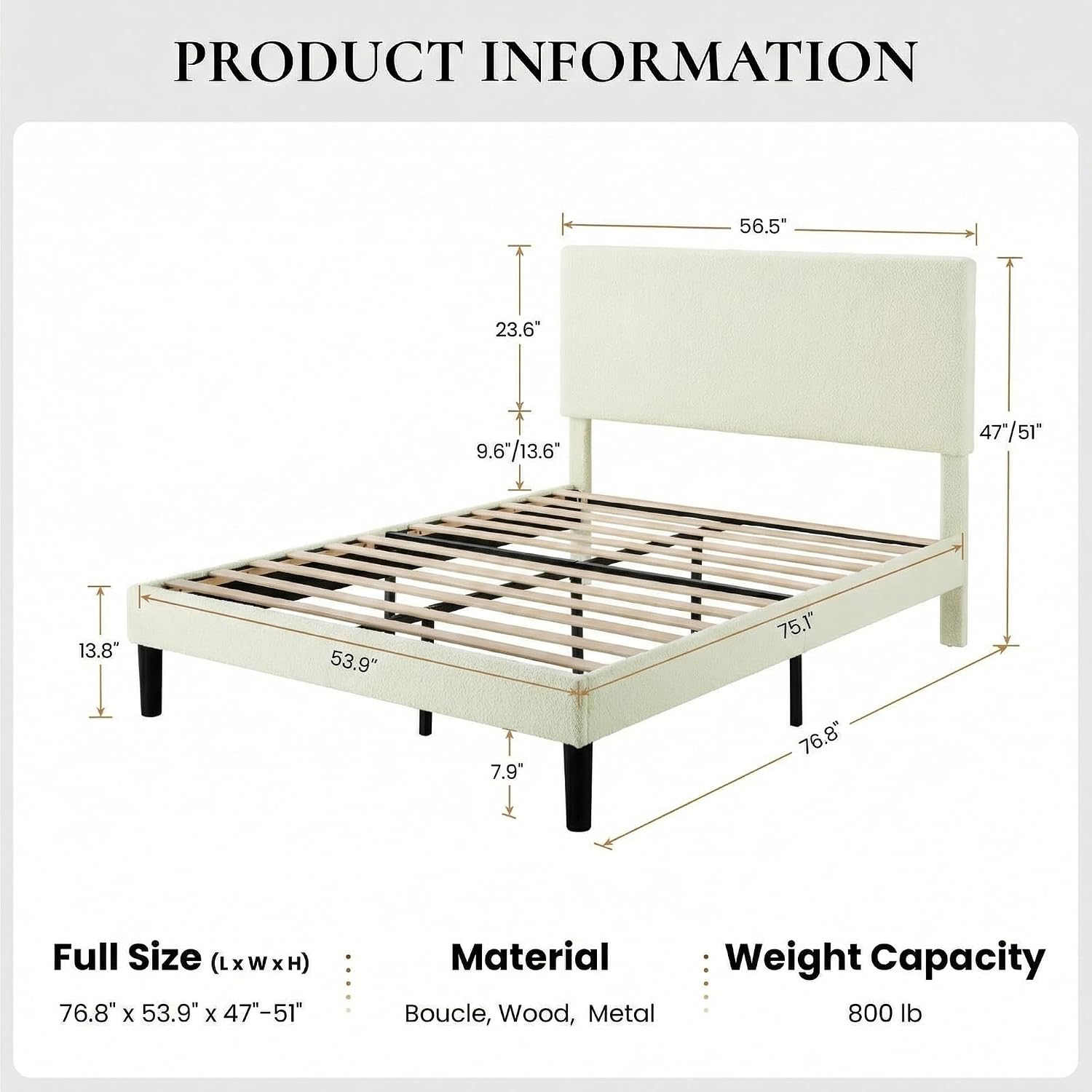 SHA CERLIN Boucle Upholstered Queen Size Bed Frame, White | Platform Bed with Adjustable Headboard, Wooden Slats Support, No Box Spring Needed, Noise-Free, Easy Assembly