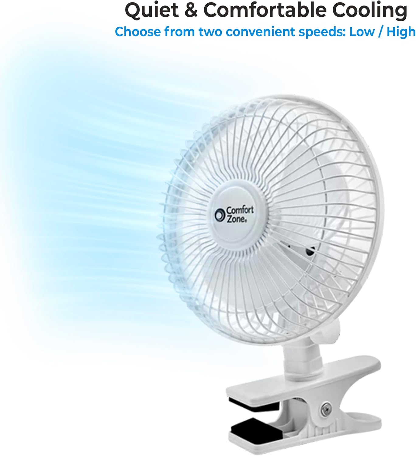 Comfort Zone Portable Clip on Fan with Fully Adjustable Tilt, Electric, 6 inch, Quiet, Indoor, 2 Speed, Mini Desk Fan, Table Fan, Airflow 6.53 ft/sec, Ideal for Home, Bedroom, Dorm & Office, CZ6C