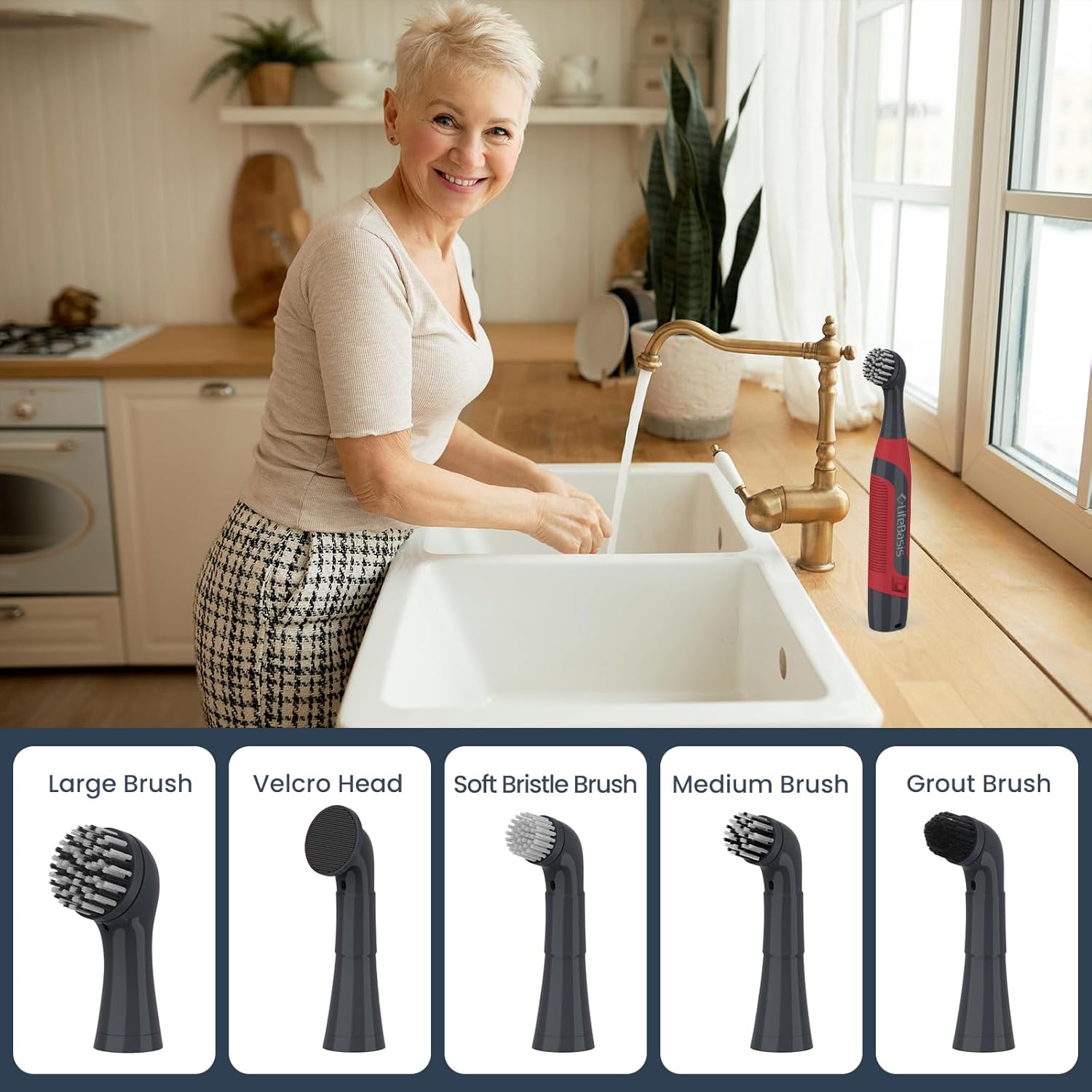 LifeBasis Cordless Electric Cleaning Brush | Power Scrubber with 5 Replacement Brush Heads for Bathroom Kitchen Grout Tile Crevice Corner (Batteries