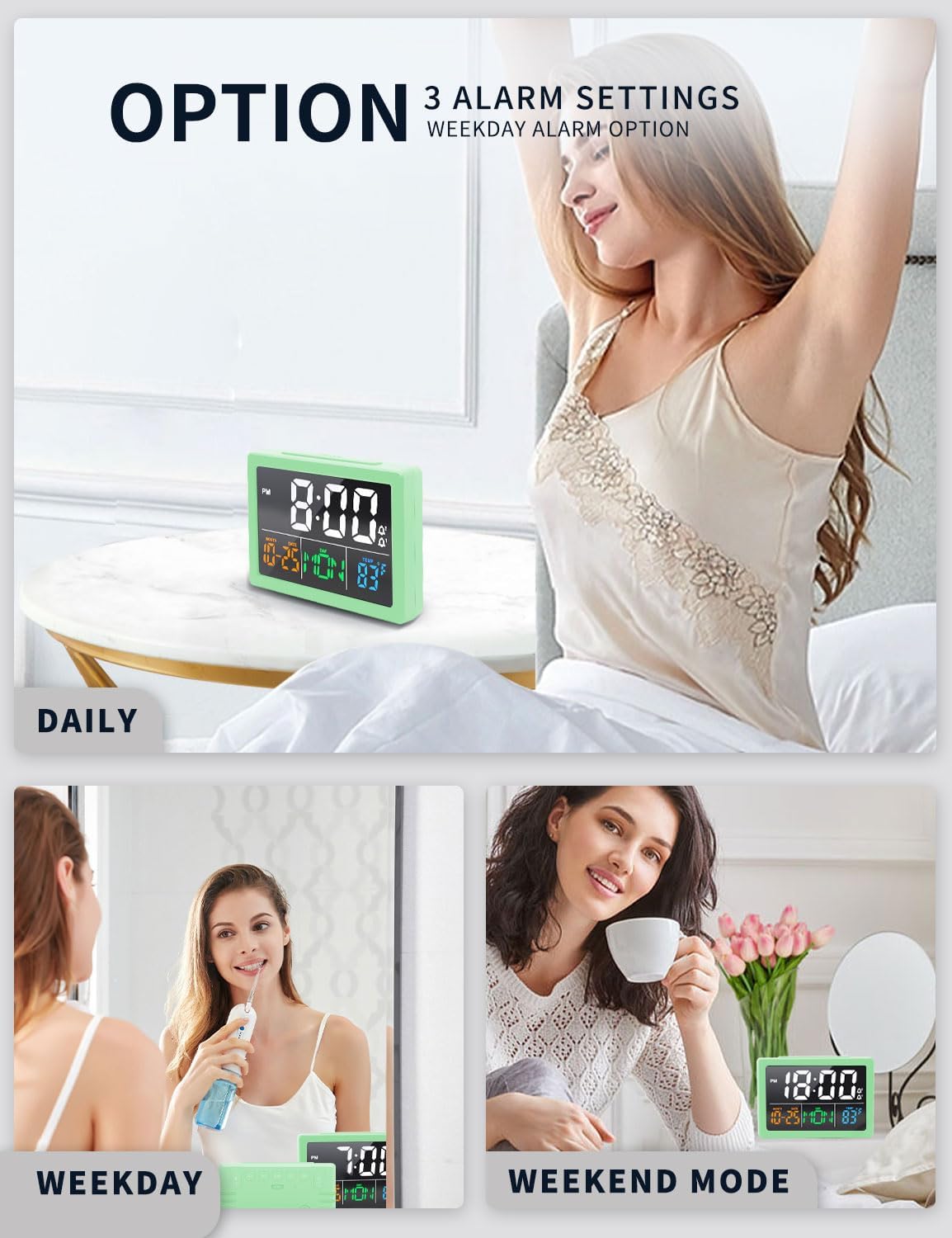 JALL Digital Clock with Date Day for Seniors, Electric Alarm Clocks for Bedrooms with Temperature, 2 Alarms, Dimmer, Dual USB Charger, Battery Backup