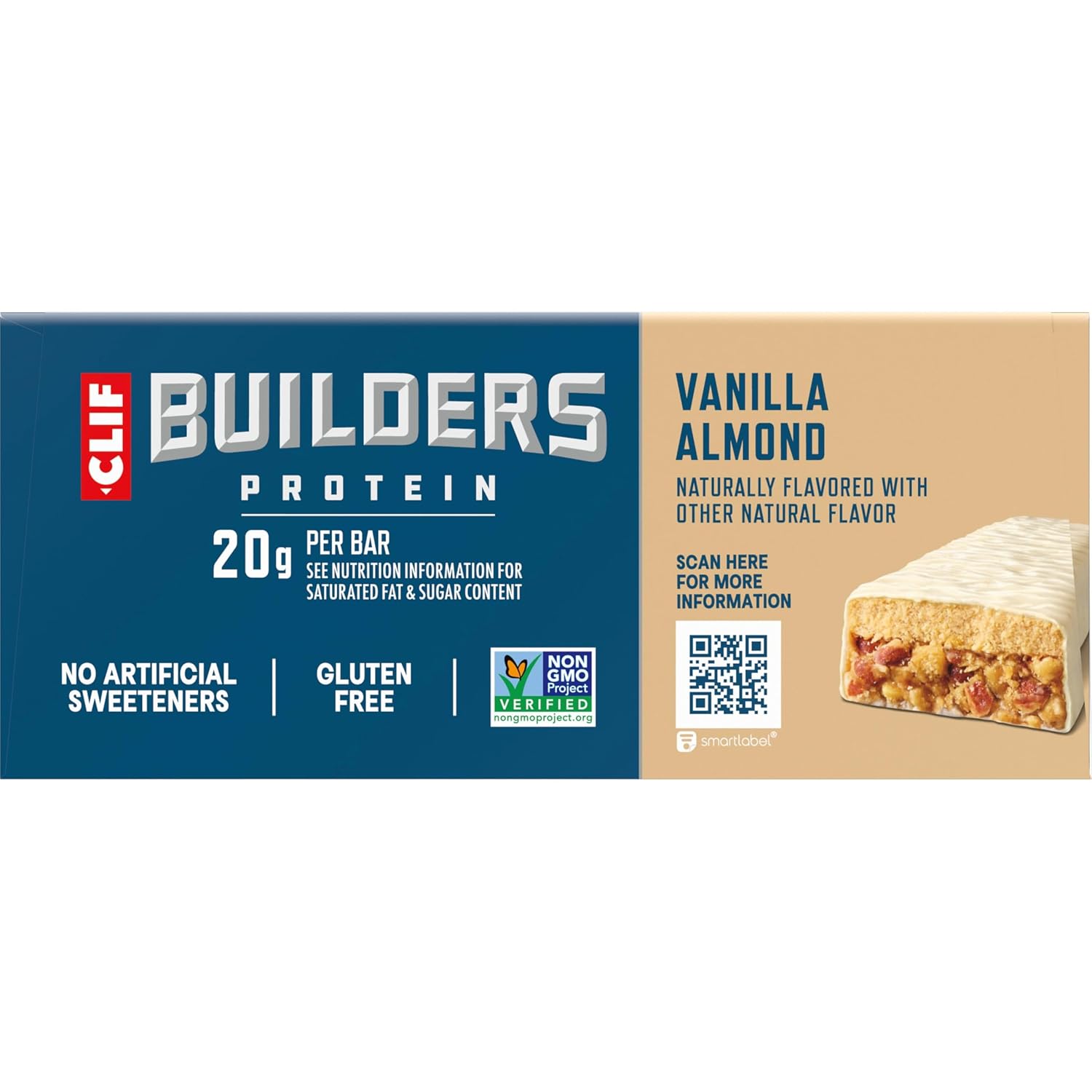 CLIF BUILDERS Protein Bars - Vanilla Almond Flavor - 20g Plant Based Protein - Gluten Free - Non-GMO - Low Glycemic - No Artificial Sweeteners - 2.4