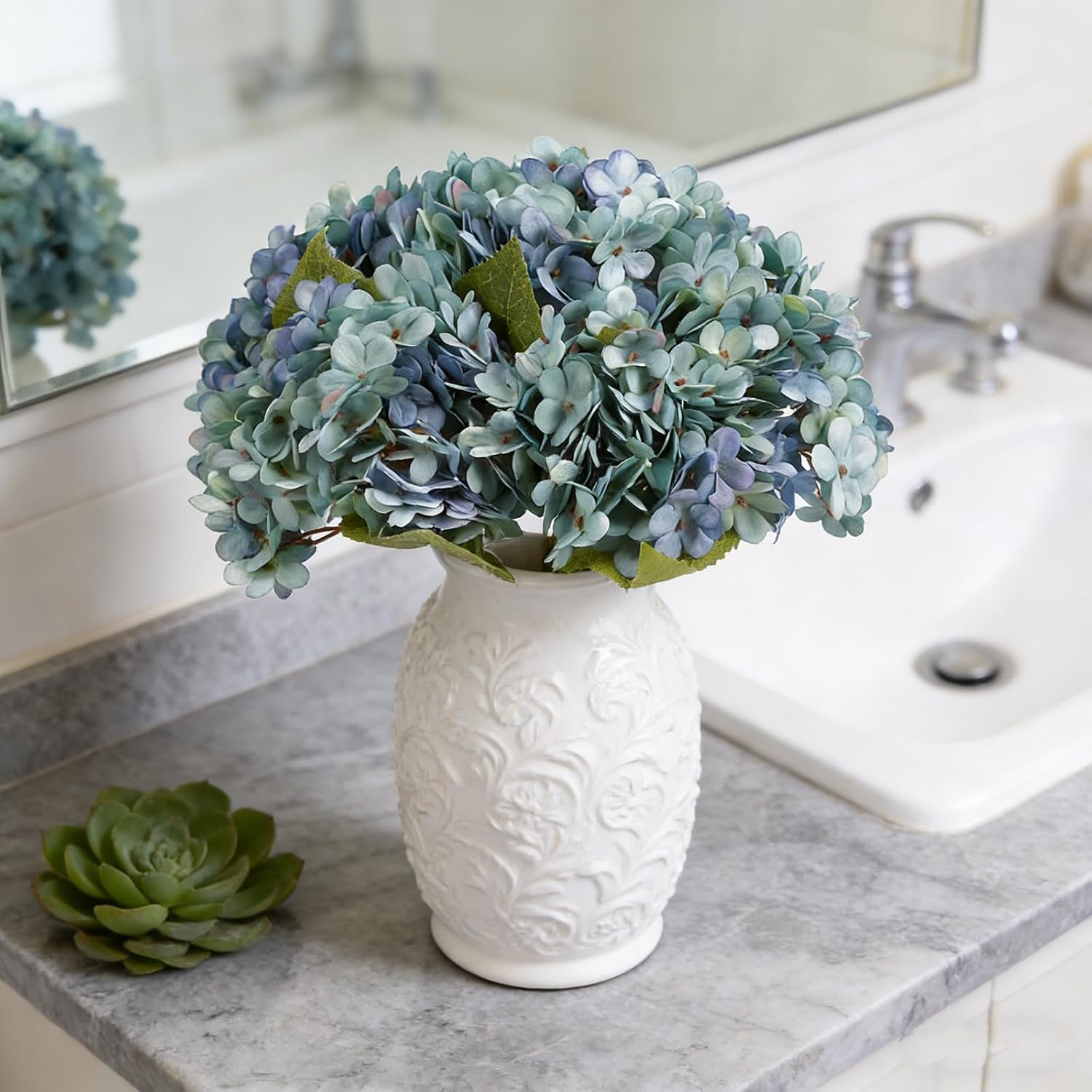 Kimura's Cabin 6pcs Silk Hydrangeas Artificial Flowers,Deep Lake Blue