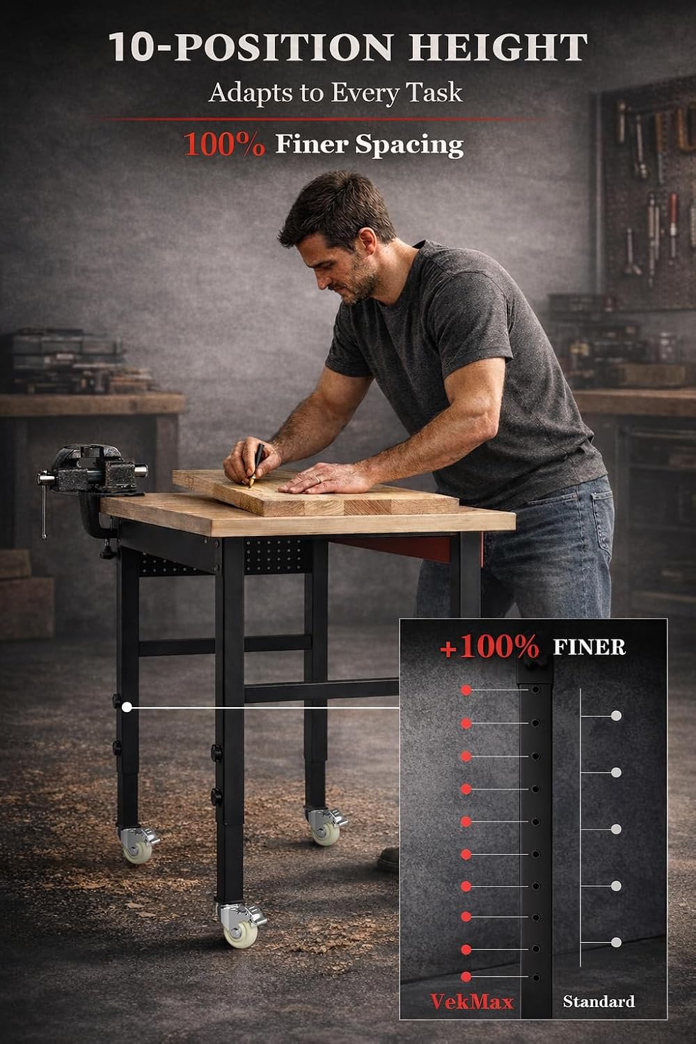 60" Heavy Duty Workbench, 2500 LBS Load Capacity Work Bench with 1.2" Laminated Oak Wood Top & Reinforced Steel Frame, Adjustable Height Work Table for Garage, Workshop, Office, Home (Casters)
