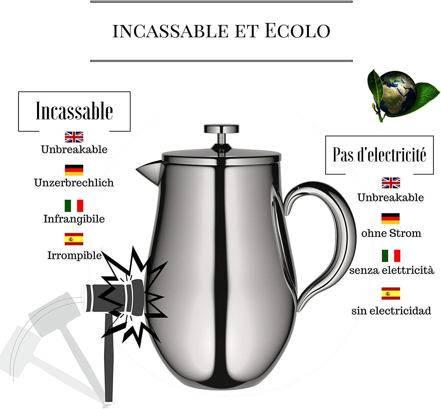 VeoHome - 0.75 litre plunger - Unbreakable and keeps the coffee hot for a long time thanks to its double stainless steel shell