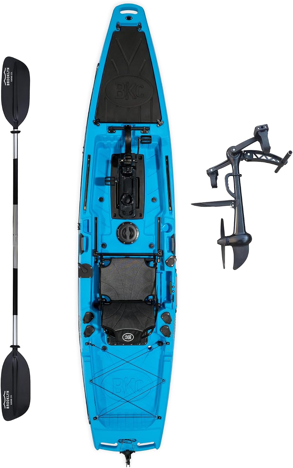 BKC Brooklyn 12.5 Pro Pedal Fishing Kayak, Propeller Drive | Hands-free propeller drive, rudder steering, 550 lb capacity, dry storage, rod holders, 12.5 ft sit-on-top hull