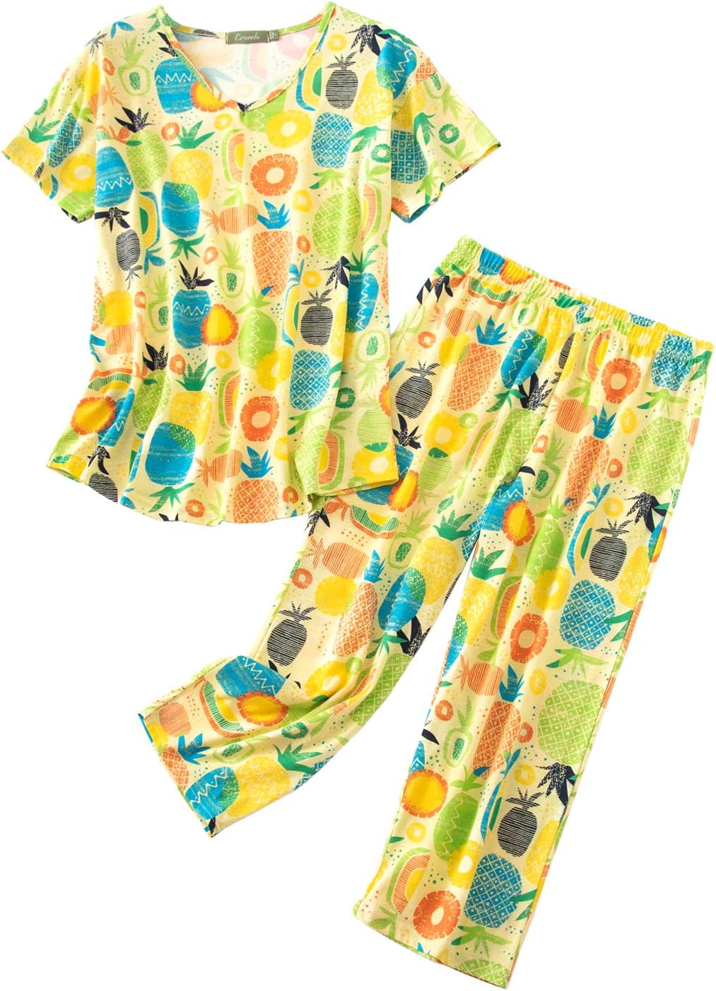 ENJOYNIGHT Womens Pajama Set Cotton Summer Pj Top with Capri Pant Sleepwear