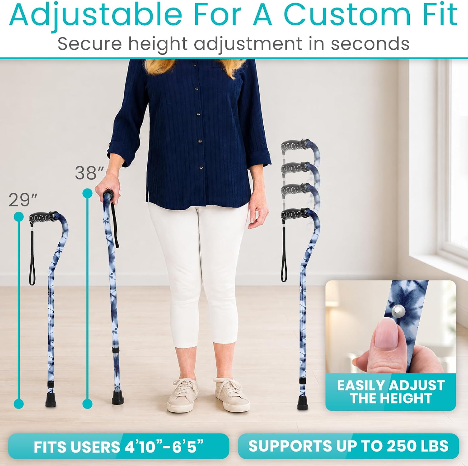 Vive Walking Cane for Women, Men, Elderly - Patented Offset Grip - Lightweight Adjustable Walking Aid with a Non-Slip Tip - Sturdy Balancing Mobility Aid for Seniors