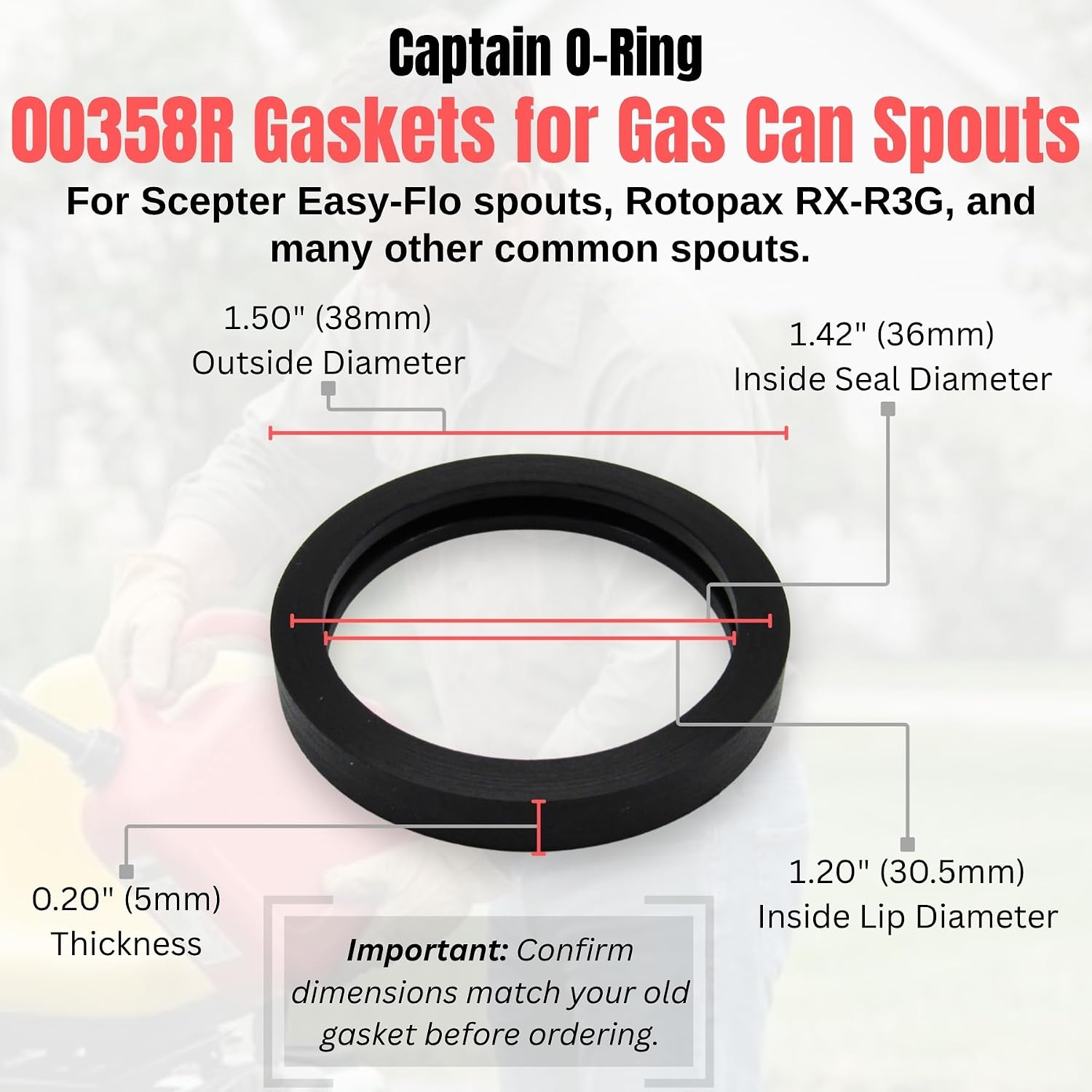 Captain O-Ring – 00358R Gas Can Spout Gasket Seals (6 Pack) - Rubber Replacement Gasoline/Fuel Jug Washer Seals, Upgraded Version