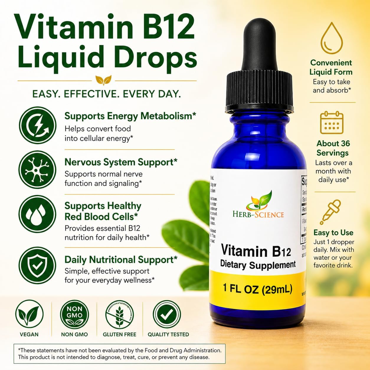Liquid Vitamin B12 – Cold-Pressed, High Absorption, Vegan, Alcohol-Free, Sublingual B12 Drops, Cyanocobalamin, No Artificial Flavors
