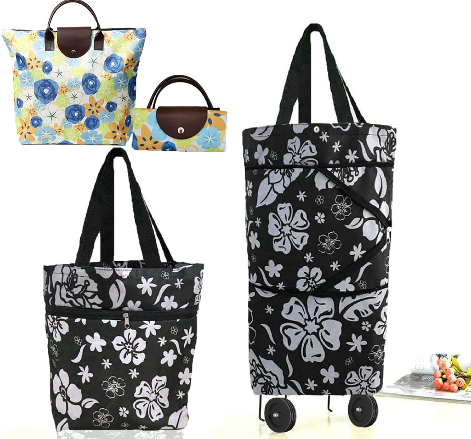 Collapsible Shopping Bag with Wheels Portable Shopping Cart with 360° Swivel Wheels Rolling Tote Bag Reusable Grocery Bag Trolley Bag on Wheels for Travel Shopping and Daily Use(Blue)