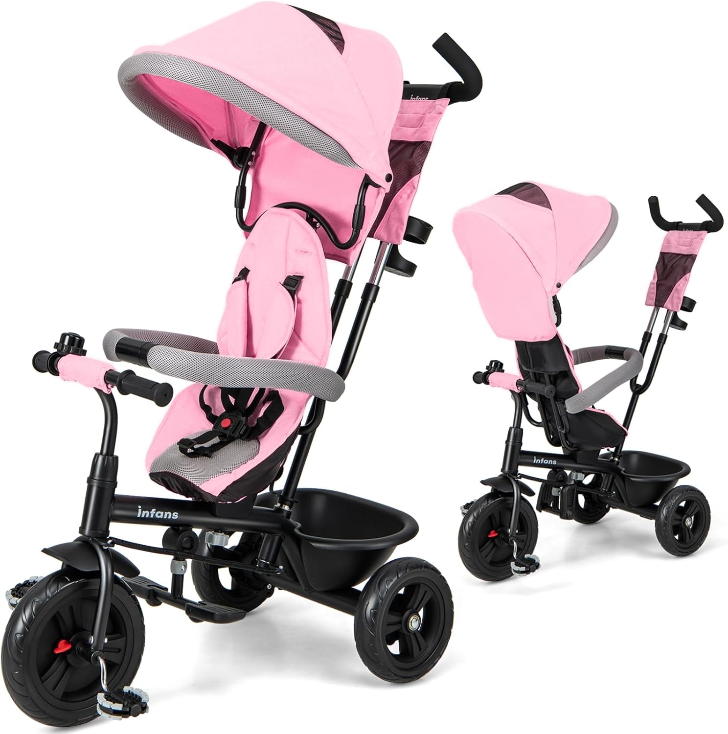 INFANS Kids Tricycle, 6 in 1 Stroll Trike with Adjustable Push Handle, Removable Canopy, Retractable Foot Plate, Lockable Pedal, Detachable Guardrail, Suitable for 10 Months to 5 Years (Blue)