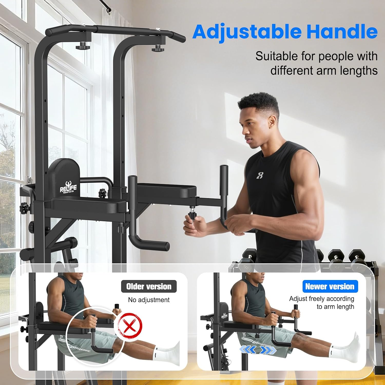 RELIFE REBUILD YOUR LIFE Pull Up Bar Free Standing Power Tower for Home Gym | Dip Station Pull Up Station, Multi-Function Home Fitness Equipment for Pull-Ups, Dips, Push-Ups, Full Body Strength Training