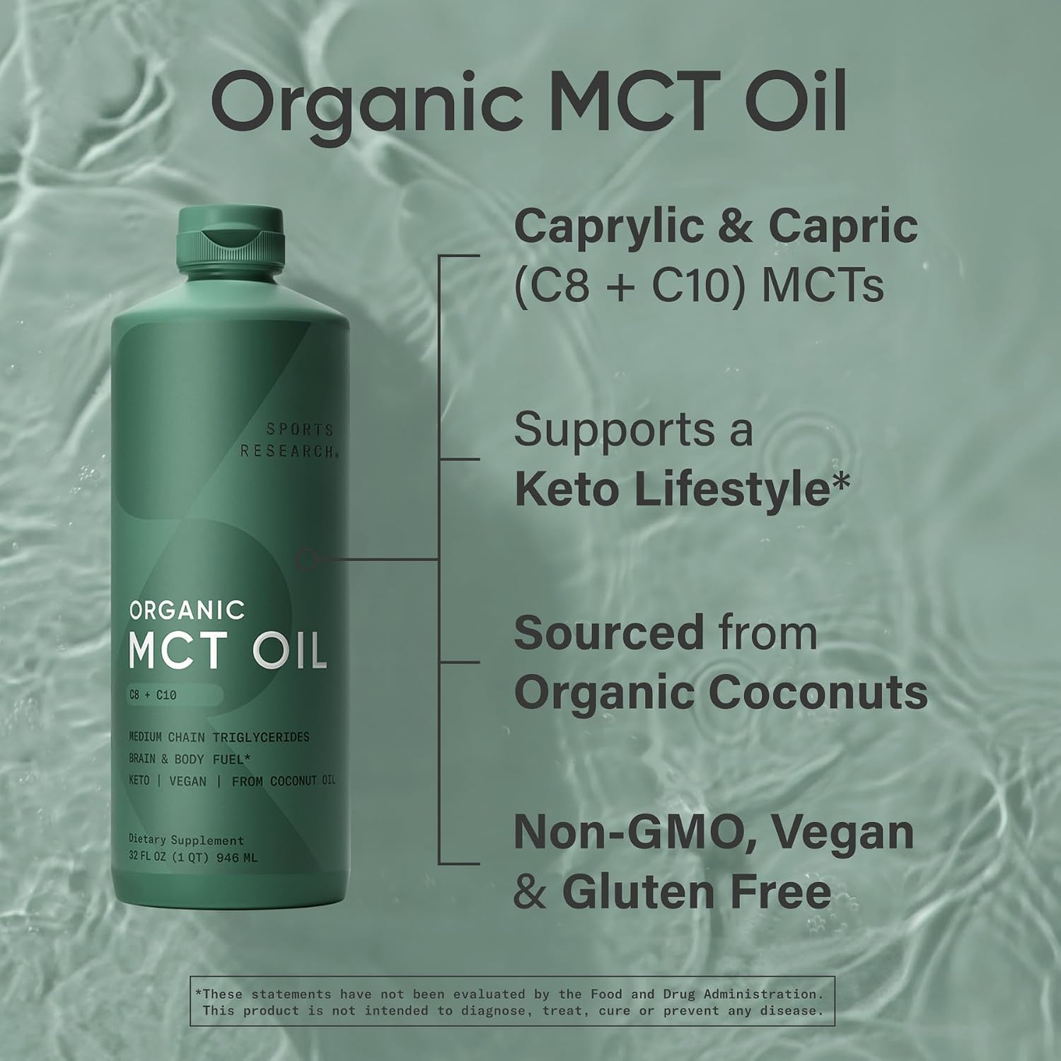 Sports Research® Organic Coconut MCT Oil 32oz, Unflavored | Brain & Body Fuel | Great in Keto Coffee & Protein Shakes | Vegan, Keto, Non-GMO - 63 Servings