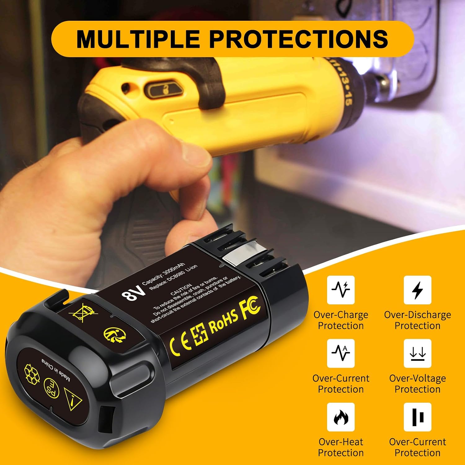 2 Pack 3000mAh 8V Li-ion Replacement Battery Compatible with DEWALT DCB080 DCF680N1 DW4390 DCF680N2 DCL023 DCF680 DCB095 DCF682 Cordless Power Tools