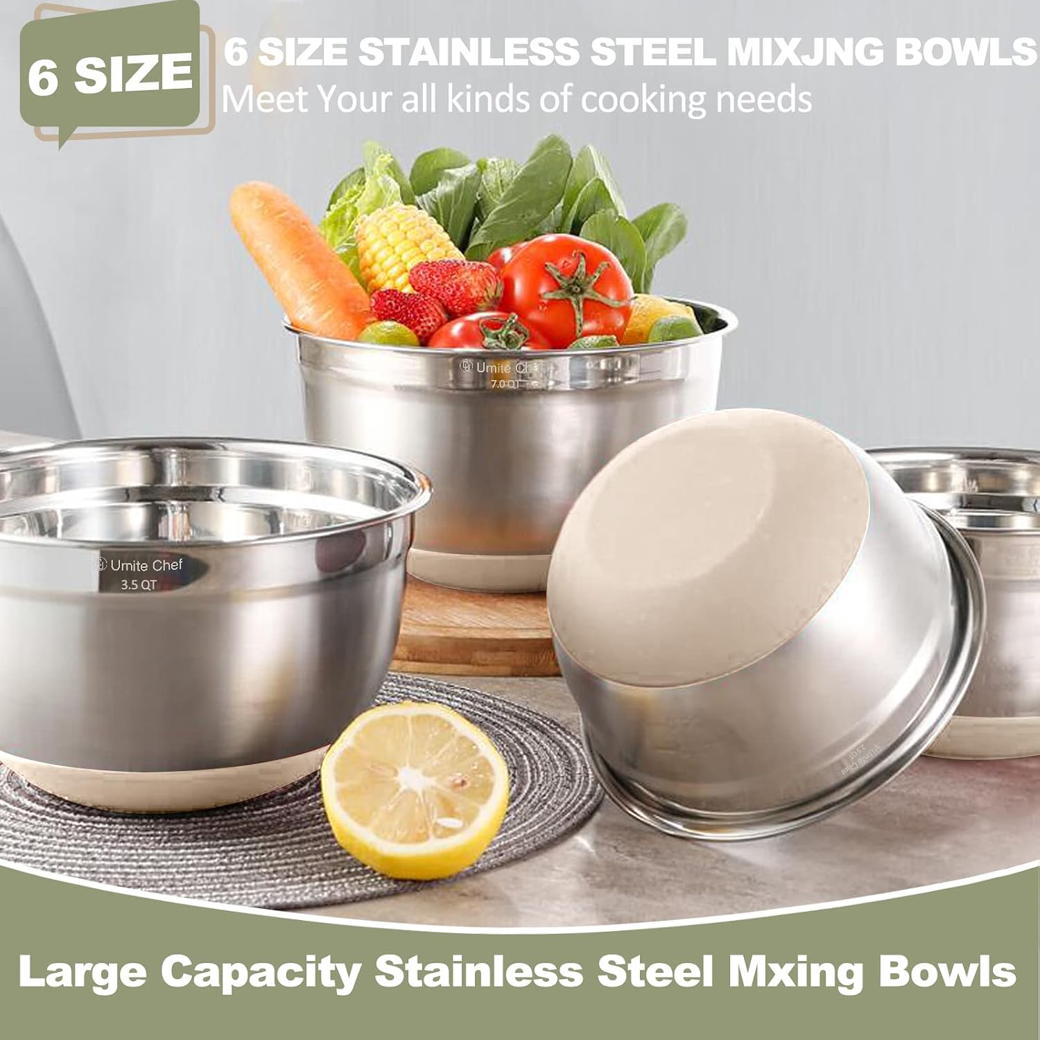 Umite Chef Mixing Bowls with Airtight Lids, 6 Piece Stainless Steel Metal Bowls, Measurement Marks & Colorful Non-Slip Bottoms Size 7, 3.5, 2.5, 2.0,1.5, 1QT, Great for Mixing & Serving