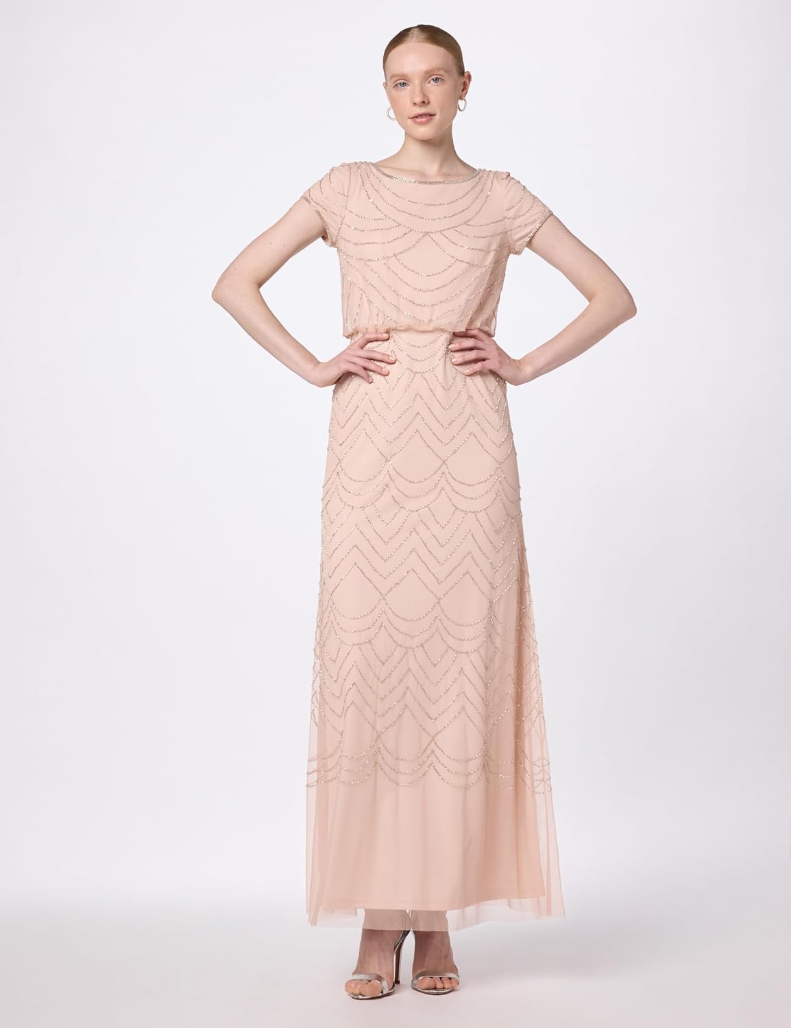 Adrianna Papell Womens Short Sleeve Blouson Beaded Gown