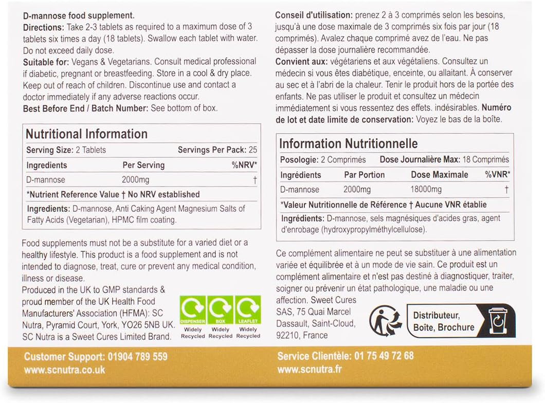 D-Mannose Tablets 1000mg - Waterfall D-Mannose sourced Naturally from Birch - 50 Tablets - SC Nutra (Sweet Cures)
