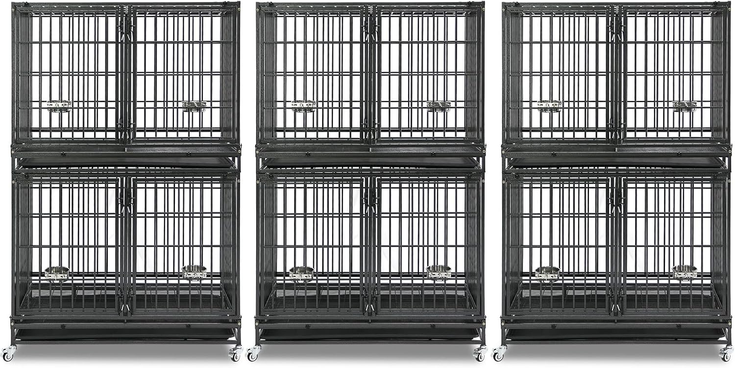 Homey Pet Taller 43" Heavy Duty Double Dog Crates with Divider & Dual Door | Drop Cage for Dogs with Lockable Wheels, Bowls, Removable Tray, Top Access, Ideal for Small to Medium & Large Dogs, Breeders